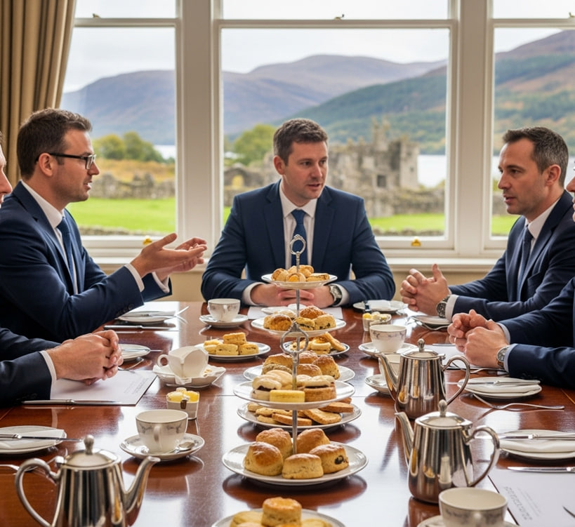 Three people sit and talk about business while having dinner with corporate catering Scottish shortbread and scones